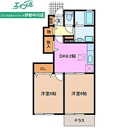 セレーノII 1階2DKの間取り