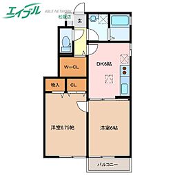 サンライズヒルズ　B棟 1階2DKの間取り