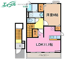 パシアン　Ｂ棟 2階1LDKの間取り
