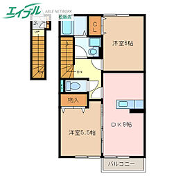 サンライズヒルズ　Ｃ棟 2階2DKの間取り