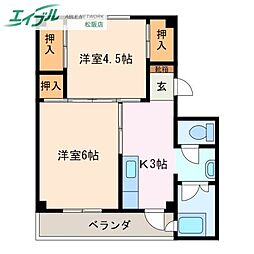 ビレッジハウス南郊1号棟 2Kの間取図画像