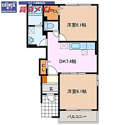 近鉄名古屋線 久居駅 バス23分 バス東山下車 7.5kmの賃貸アパート 1階2DKの間取り