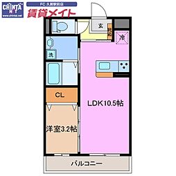 近鉄名古屋線 久居駅 徒歩12分の賃貸マンション 2階1LDKの間取り