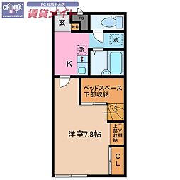 近鉄山田線 松阪駅 徒歩15分の賃貸アパート 1階1Kの間取り