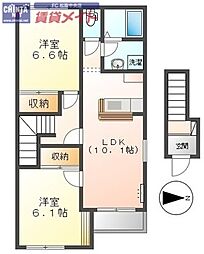 JR紀勢本線 六軒駅 徒歩15分の賃貸アパート 2階2LDKの間取り