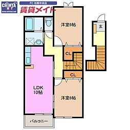 近鉄山田線 斎宮駅 徒歩12分の賃貸アパート 2階2LDKの間取り