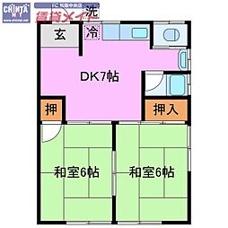 近鉄山田線 松阪駅 徒歩33分の賃貸一戸建て 1階2DKの間取り