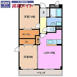 近鉄山田線 松阪駅 徒歩10分の賃貸マンション 2階2LDKの間取り