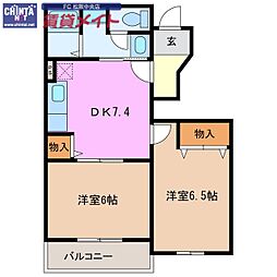 近鉄山田線 松ヶ崎駅 徒歩17分の賃貸アパート 1階2DKの間取り