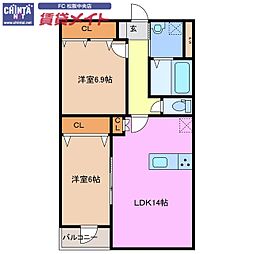 近鉄山田線 東松阪駅 徒歩20分の賃貸マンション 2階2LDKの間取り