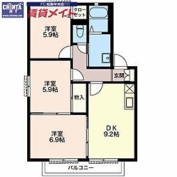 ボヌール泰山Ｂ 2階3DKの間取り