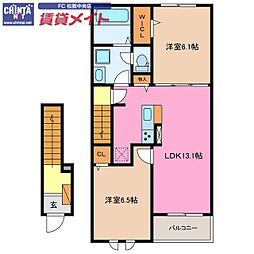JR紀勢本線 徳和駅 徒歩10分の賃貸アパート 2階2LDKの間取り
