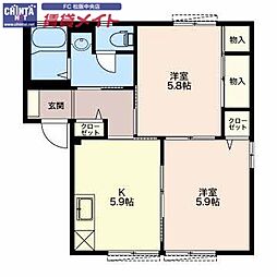 近鉄山田線 松阪駅 徒歩15分の賃貸アパート 1階2Kの間取り