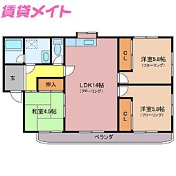 近鉄山田線 宮町駅 徒歩11分の賃貸マンション 2階3LDKの間取り