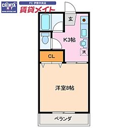 近鉄鳥羽線 五十鈴川駅 徒歩15分の賃貸マンション 2階1Kの間取り