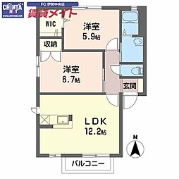 近鉄山田線 小俣駅 徒歩19分の賃貸アパート 2階2LDKの間取り