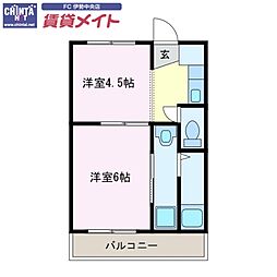 近鉄山田線 明野駅 徒歩18分の賃貸マンション 2階2Kの間取り