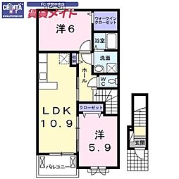 近鉄山田線 明野駅 徒歩25分の賃貸アパート 2階2LDKの間取り