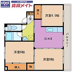 ビレッジハウス磯部1号棟 3DKの間取図画像