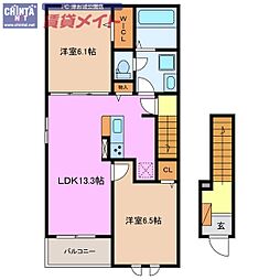 シェルト　クレーテ津　Ａ 2階2LDKの間取り