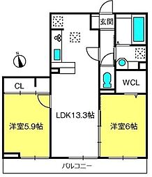 ブラウンヒルズ 1階2LDKの間取り