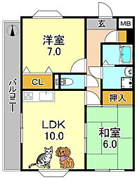 JR関西本線 加美駅 徒歩6分の賃貸マンション 2階2LDKの間取り