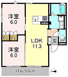 グランディール喜連 2LDKの間取図画像