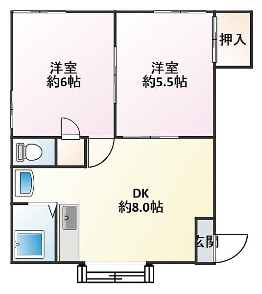 サニーハイツB 202｜茨城県常総市豊岡町乙(賃貸アパート2DK・2階・42.00㎡)の写真 その2