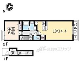 JR草津線 手原駅 徒歩15分の賃貸アパート 2階1LDKの間取り