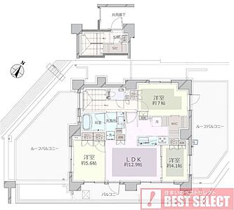 間取り:*採光・通風・眺望良好な最上階メゾネットタイプの3方角住戸!3LDK+WIC+SIC* 間取り:*採光・通風・眺望良好な最上階メゾネットタイプの3方角住戸!3LDK+WIC+SIC*