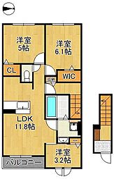 ブライトガーデンＢ 2階3LDKの間取り