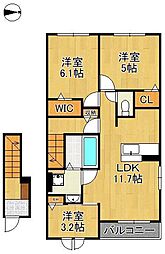 ブライトガーデンＢ 2階3LDKの間取り
