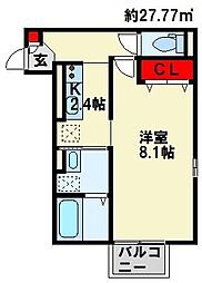 カーネリアン穴生 1Kの間取図画像
