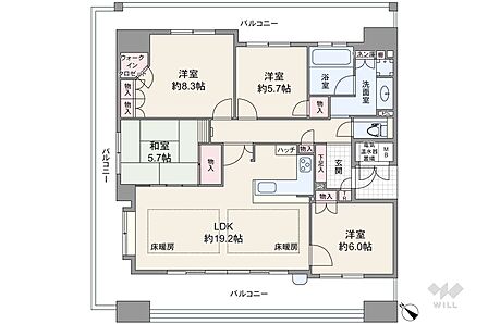 間取り図。12階建て6階部分、南西向きのため通風・眺望良好です!96.22平米の4LDKのお部屋です。