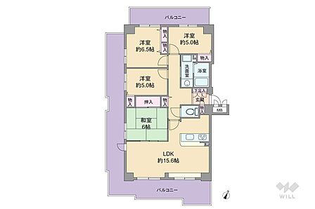 間取りは専有面積84.96平米の4LDK。三方向全面がバルコニーに面した大変開放感のあるプラン。2か所に出入り口がある和室は、LDKと続き間になっています。
