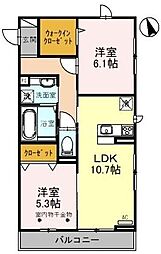JR川越線 西大宮駅 徒歩10分の賃貸アパート 3階2LDKの間取り