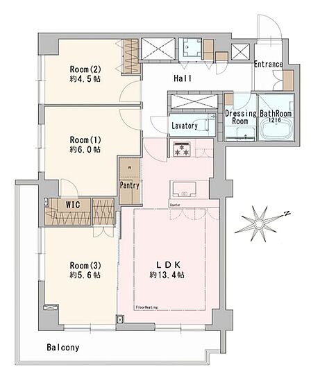 3LDK+WIC角住戸の間取り。