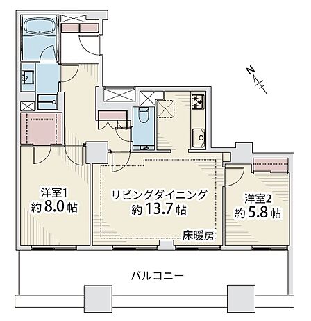 75.64平米2LDK/ワイドスパンバルコニーの明るい間取り