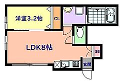 ベルハウス旭ヶ丘 1階1LDKの間取り