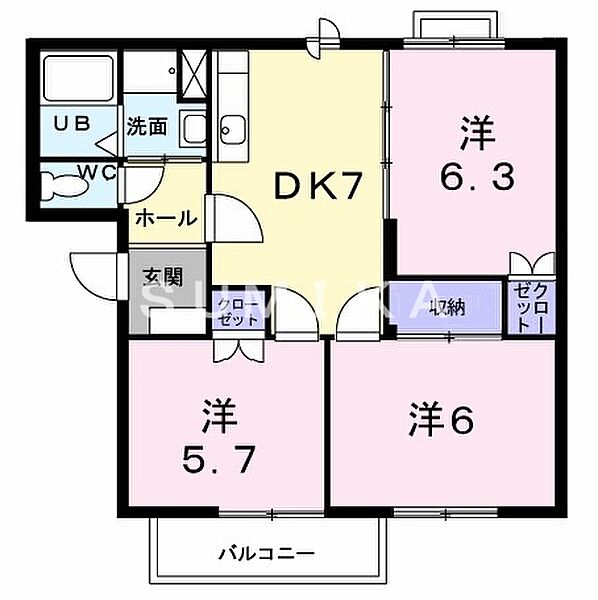 ローズガーデン陵南　Ｂ ｜岡山県岡山市北区東花尻(賃貸アパート3DK・1階・57.09㎡)の写真 その2