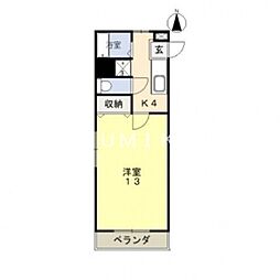 フォレスト東古松 2階1Kの間取り