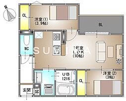 岡山市中区小橋町1丁目アパート 2LDKの間取図画像
