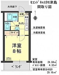 セコンドキャステロ津島 1Kの間取図画像
