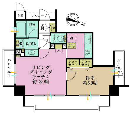 1LDK、専有面積42.81m2、バルコニー面積13.72m2