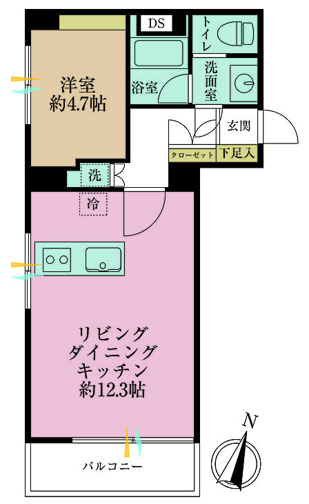 1LDK、専有面積38.34m2、バルコニー面積4.55m2
