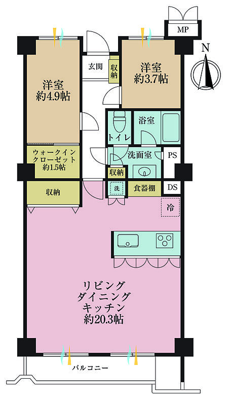 2LDK、専有面積65.9m2、バルコニー面積8.18m2