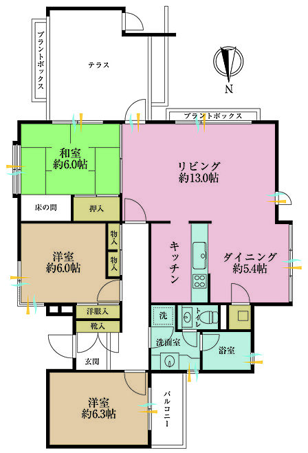 3LDK、専有面積92.1m2、バルコニー面積3.36m2