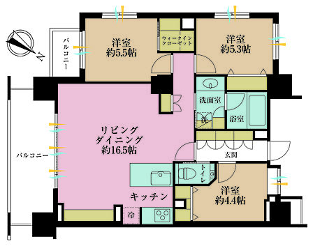 3LDK、専有面積75.65m2、バルコニー面積9.9m2