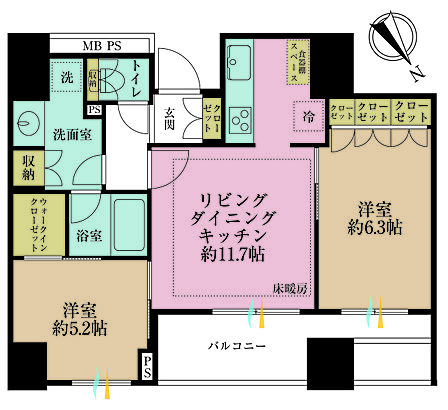 2LDK、専有面積55.06m2、バルコニー面積9.37m2