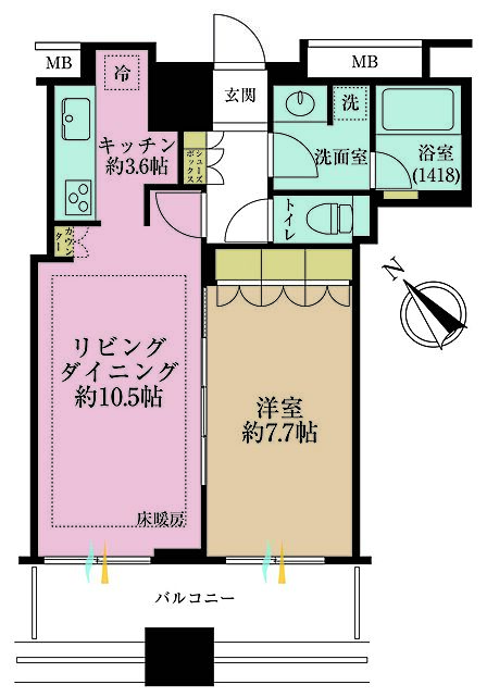 1LDK、専有面積50.27m2、バルコニー面積9.26m2